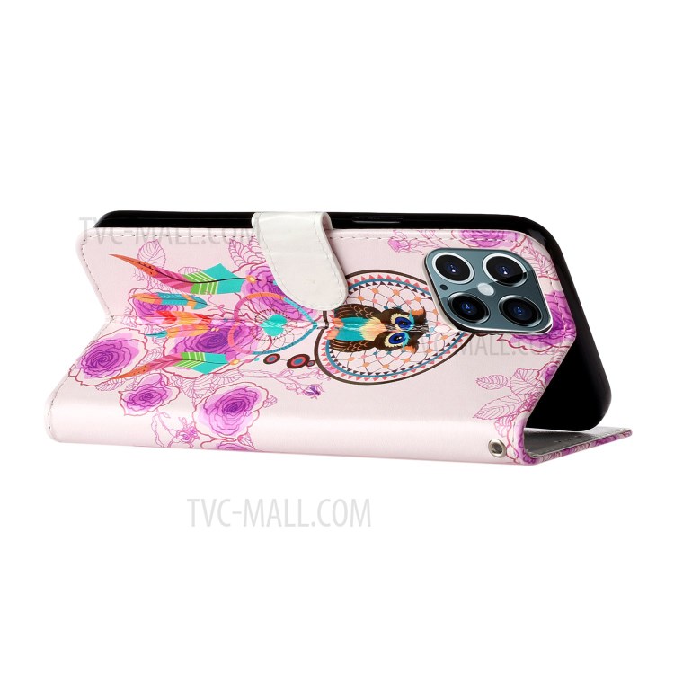Embossed Patterned Wallet Stand Leather Phone Case with Strap for iPhone 12 Pro/12 - Dream Catcher-4