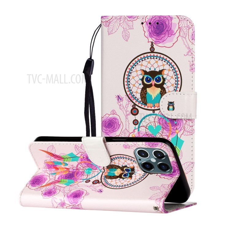 Embossed Patterned Wallet Stand Leather Phone Case with Strap for iPhone 12 Pro/12 - Dream Catcher-6