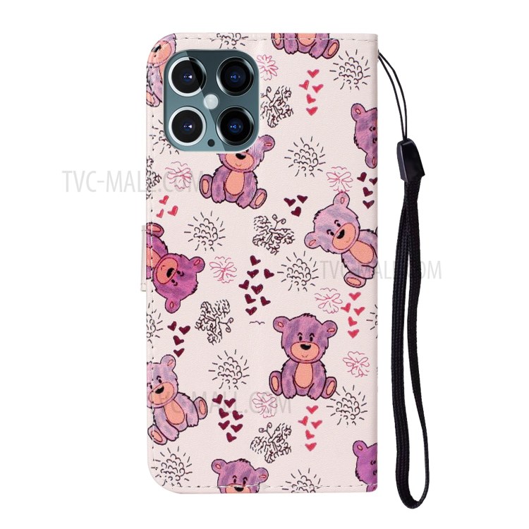 Embossed Patterned Wallet Stand Leather Phone Case with Strap for iPhone 12 Pro Max 6.7 inch - Bear-4