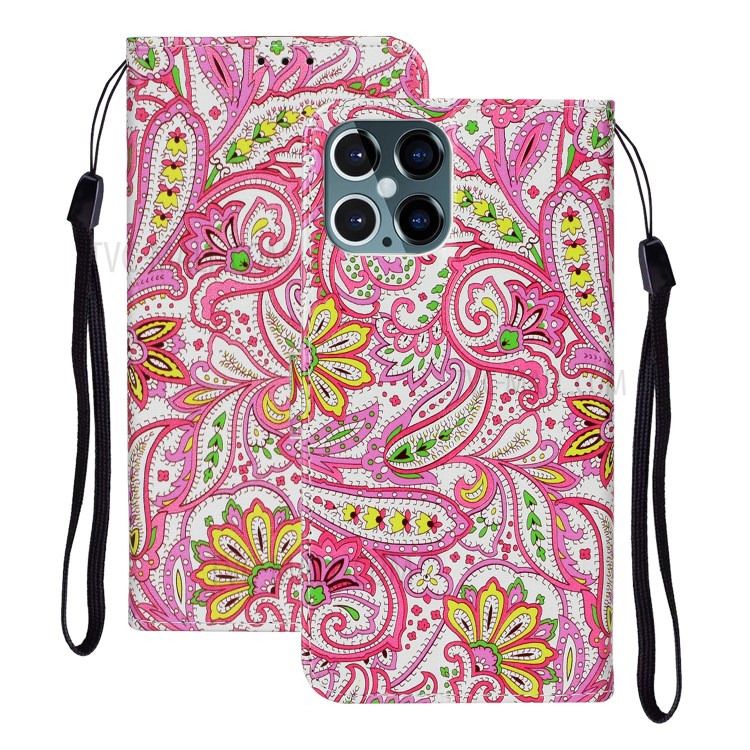 Embossed Patterned Wallet Stand Leather Phone Case with Strap for iPhone 12 Pro Max 6.7 inch - Paisley Flower-1