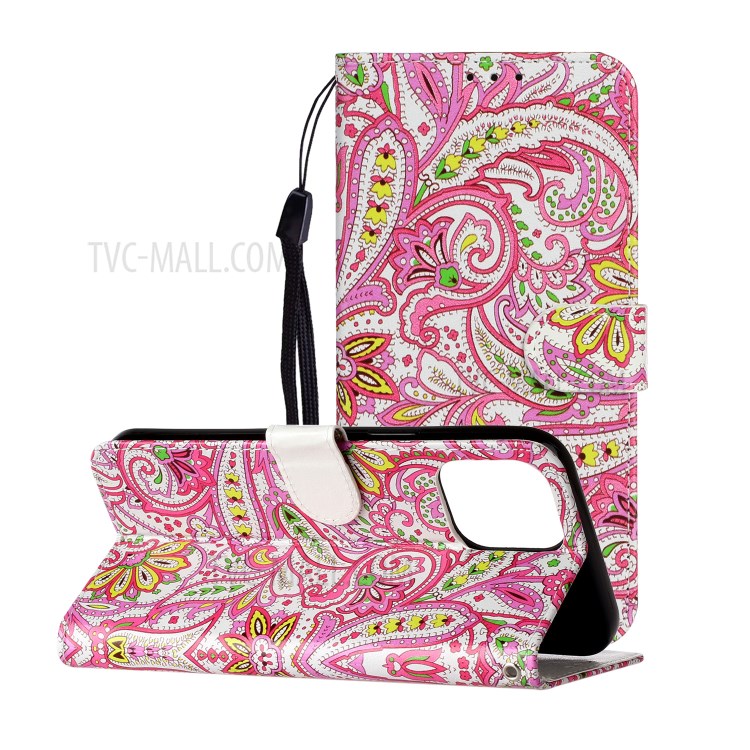 Embossed Patterned Wallet Stand Leather Phone Case with Strap for iPhone 12 Pro Max 6.7 inch - Paisley Flower-2