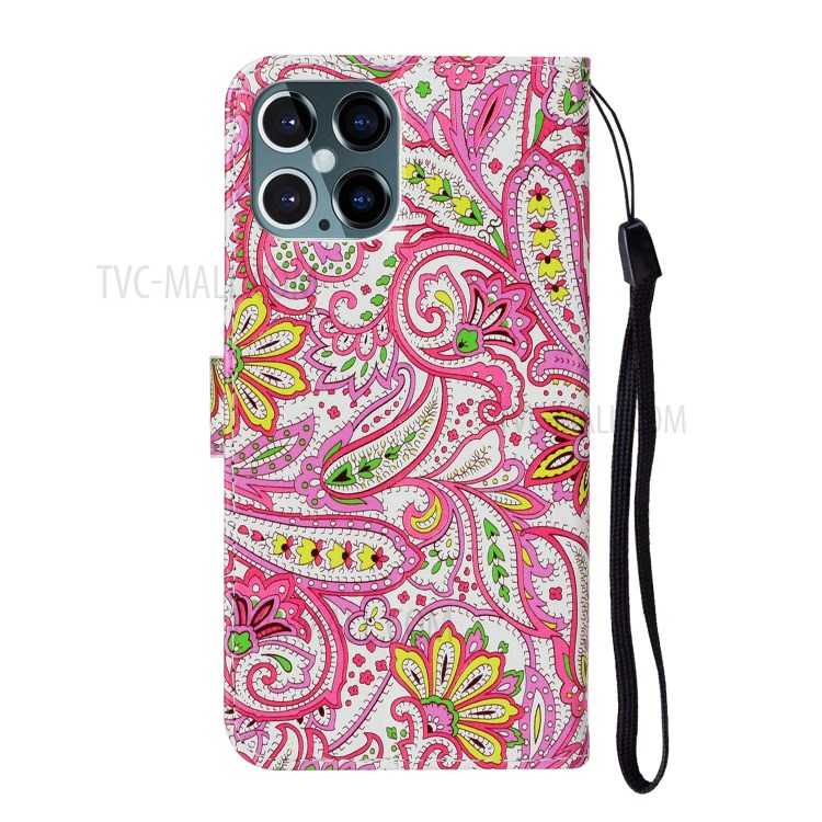 Embossed Patterned Wallet Stand Leather Phone Case with Strap for iPhone 12 Pro Max 6.7 inch - Paisley Flower-4