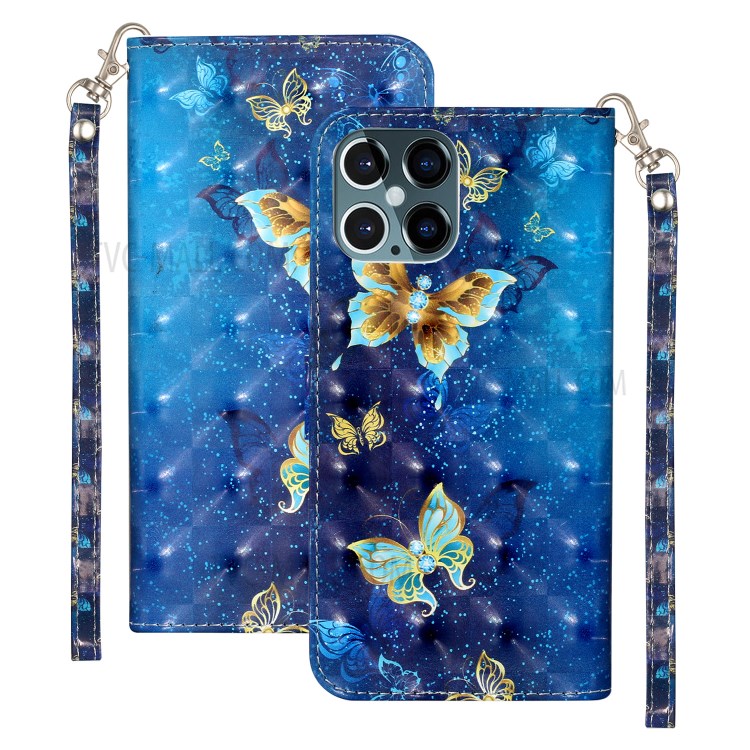 Light Spot Decor Pattern Printing Wallet Stand Leather Case with Strap for iPhone 12 Pro/12 Max 6.1 inch - Metal Butterflies-1