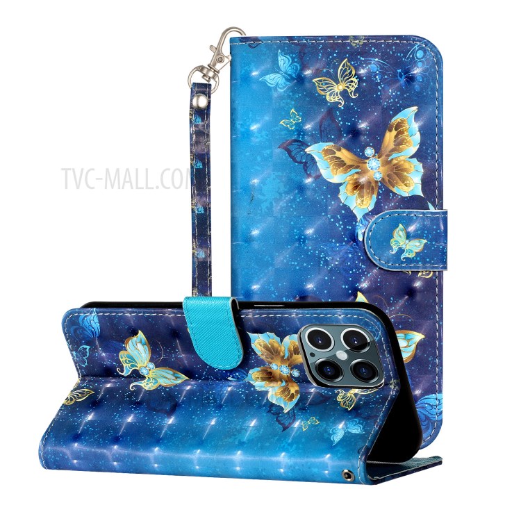 Light Spot Decor Pattern Printing Wallet Stand Leather Case with Strap for iPhone 12 Pro/12 Max 6.1 inch - Metal Butterflies-2