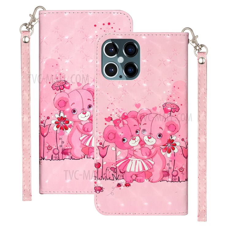 Light Spot Decor Pattern Printing Wallet Stand Leather Case with Strap for iPhone 12 Pro/12 - Couple Bears-1