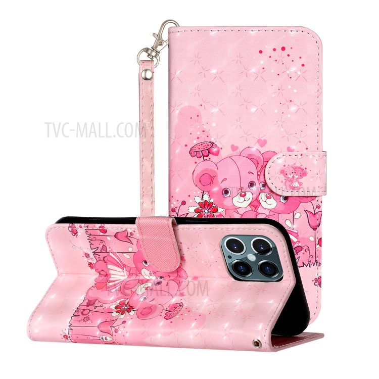 Light Spot Decor Pattern Printing Wallet Stand Leather Case with Strap for iPhone 12 Pro/12 - Couple Bears-2