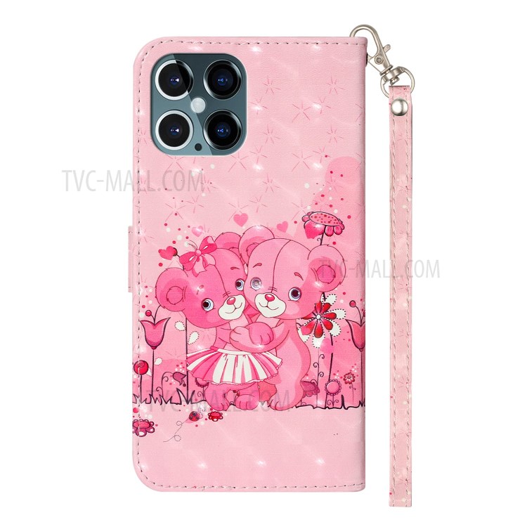Light Spot Decor Pattern Printing Wallet Stand Leather Case with Strap for iPhone 12 Pro/12 - Couple Bears-4