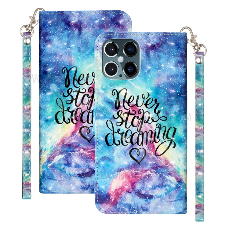 Light Spot Decor Pattern Printing Wallet Stand Leather Case with Strap for iPhone 12 Pro/12 - Never Stop Dreaming-1
