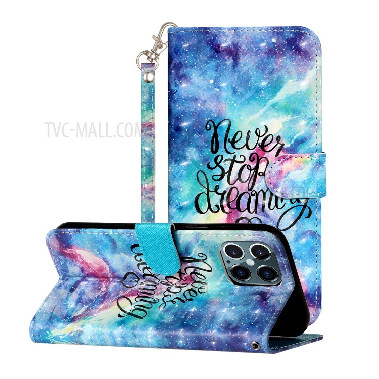 Light Spot Decor Pattern Printing Wallet Stand Leather Case with Strap for iPhone 12 Pro/12 - Never Stop Dreaming-2