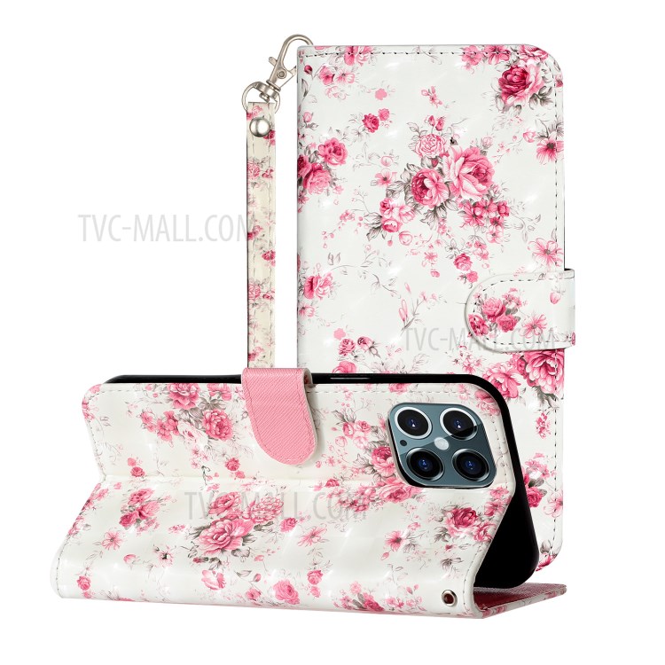 Light Spot Decor Pattern Printing Wallet Stand Leather Case with Strap for iPhone 12 Pro/12 - Flowers-2
