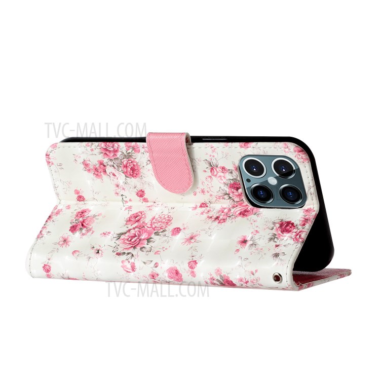 Light Spot Decor Pattern Printing Wallet Stand Leather Case with Strap for iPhone 12 Pro/12 - Flowers-5