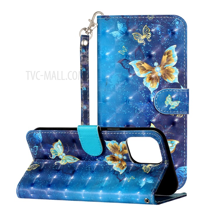 Light Spot Decor Pattern Printing Wallet Stand Leather Shell with Strap for iPhone 12 Pro Max 6.7 inch - Metal Butterflies-2