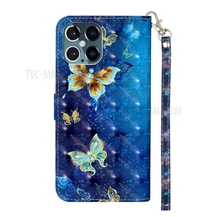 Light Spot Decor Pattern Printing Wallet Stand Leather Shell with Strap for iPhone 12 Pro Max 6.7 inch - Metal Butterflies-4