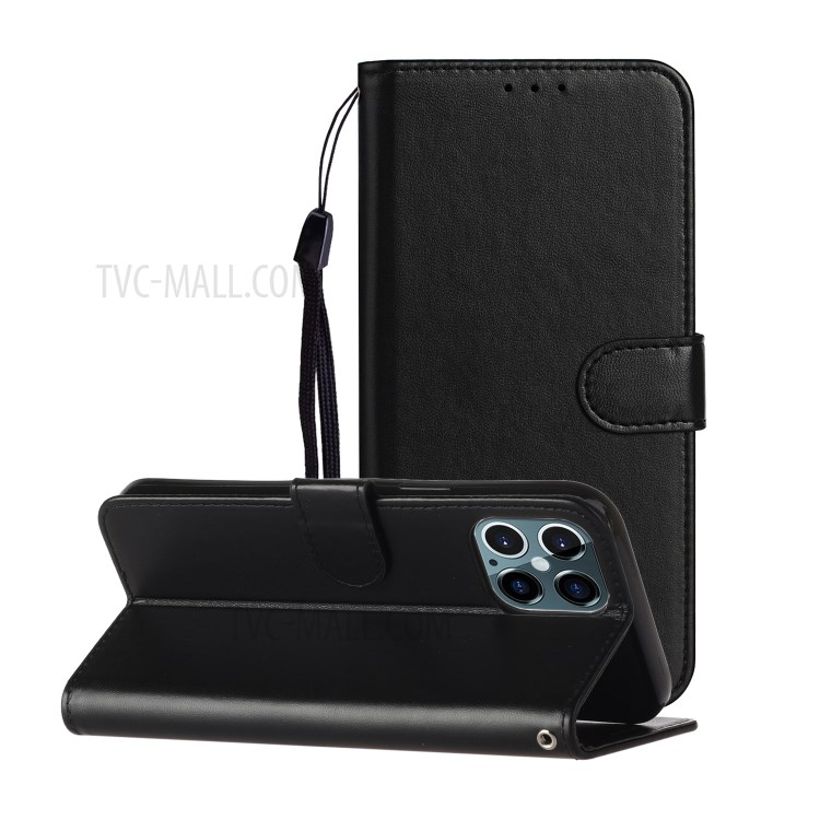 Solid Color Leather with Wallet Cover for iPhone 12 Max/12 Pro 6.1 inch - Black-2