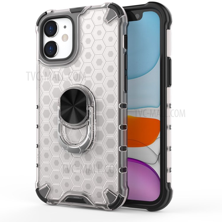 Finger Ring Kickstand Honeycomb Pattern TPU + PC Combo Case for iPhone 12 5.4 inch - White-1