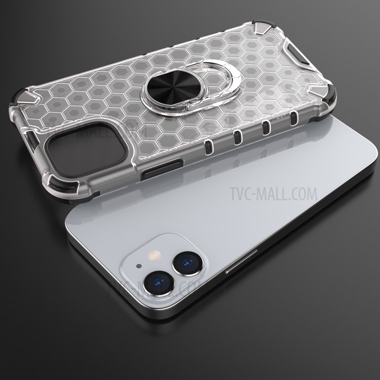 Finger Ring Kickstand Honeycomb Pattern TPU + PC Combo Case for iPhone 12 5.4 inch - White-12