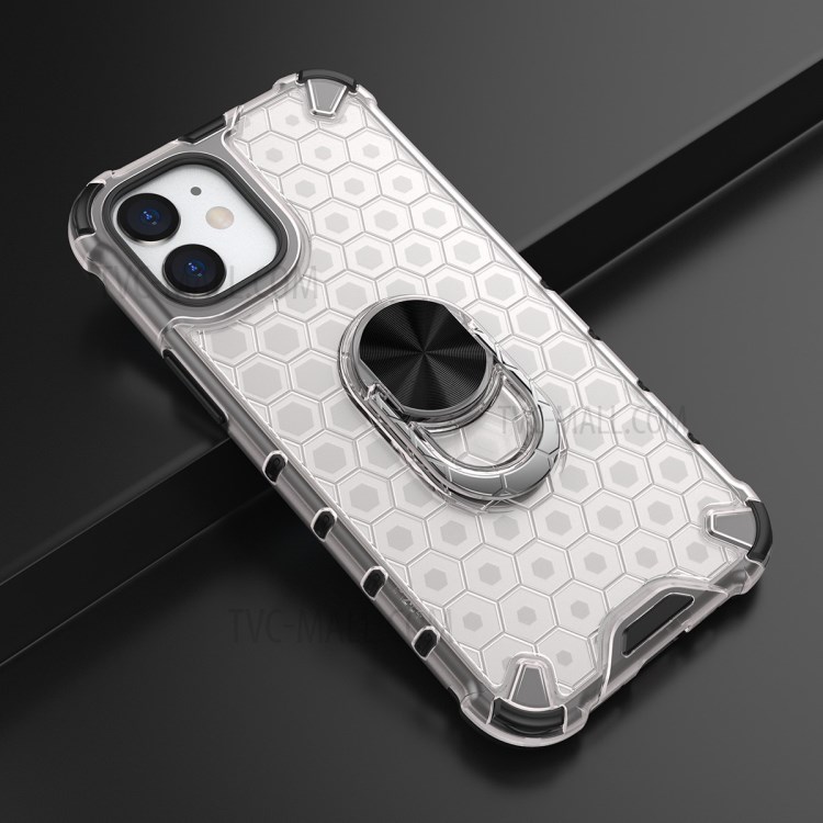 Finger Ring Kickstand Honeycomb Pattern TPU + PC Combo Case for iPhone 12 5.4 inch - White-14