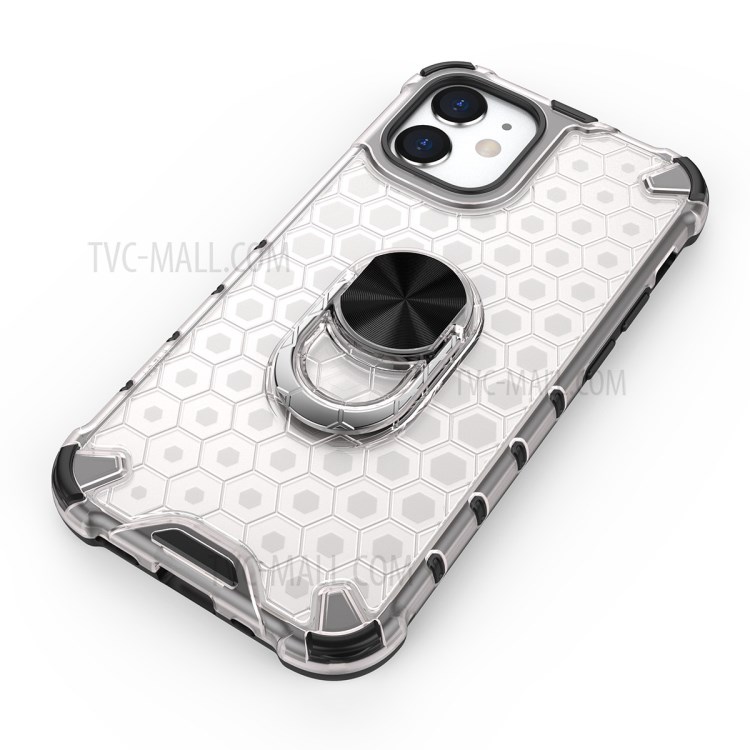 Finger Ring Kickstand Honeycomb Pattern TPU + PC Combo Case for iPhone 12 5.4 inch - White-2