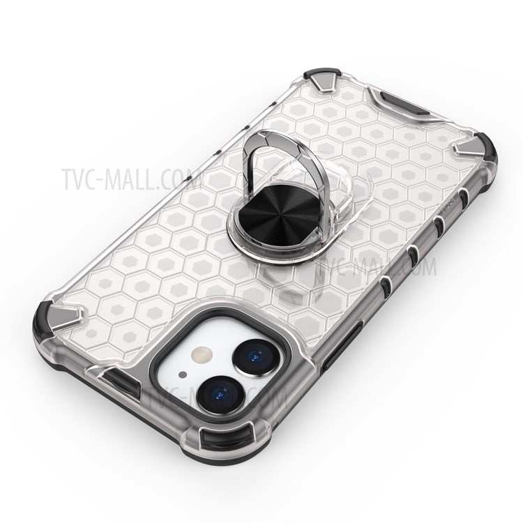 Finger Ring Kickstand Honeycomb Pattern TPU + PC Combo Case for iPhone 12 5.4 inch - White-3