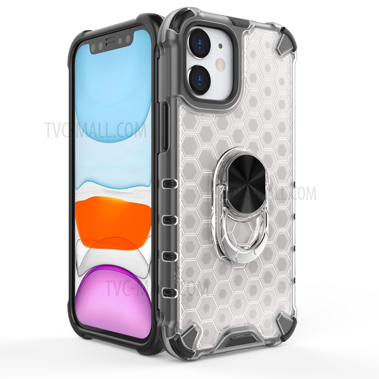 Finger Ring Kickstand Honeycomb Pattern TPU + PC Combo Case for iPhone 12 5.4 inch - White-5