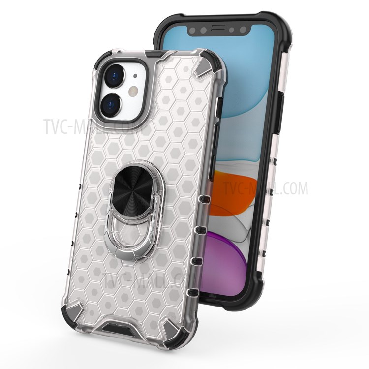 Finger Ring Kickstand Honeycomb Pattern TPU + PC Combo Case for iPhone 12 5.4 inch - White-6