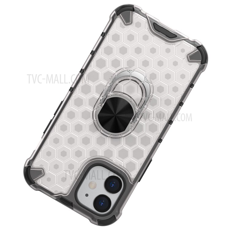 Finger Ring Kickstand Honeycomb Pattern TPU + PC Combo Case for iPhone 12 5.4 inch - White-7