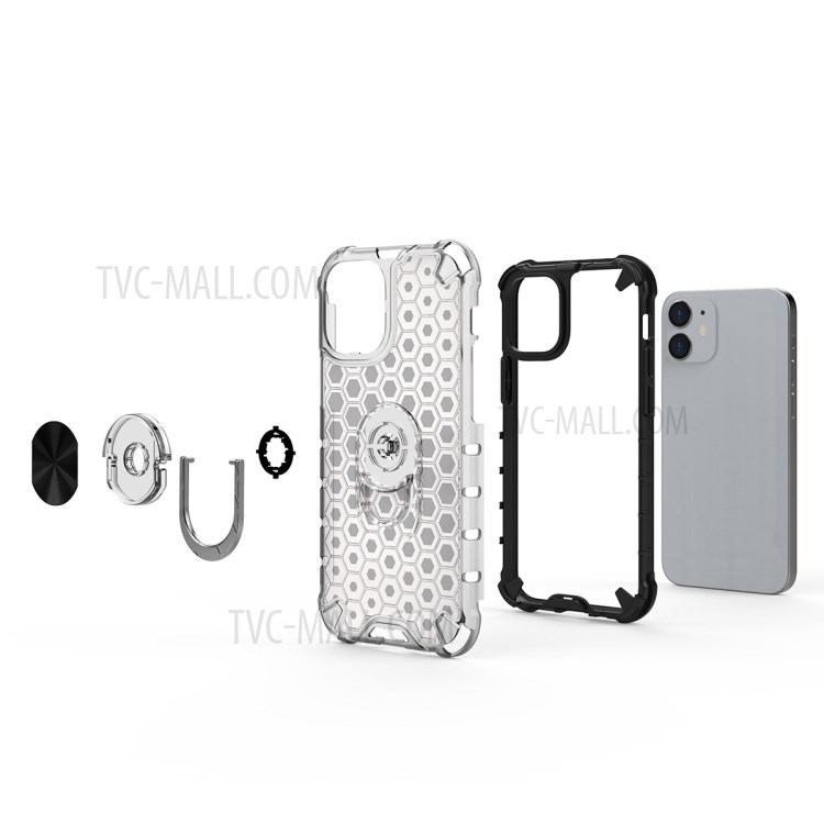 Finger Ring Kickstand Honeycomb Pattern TPU + PC Combo Case for iPhone 12 5.4 inch - White-9