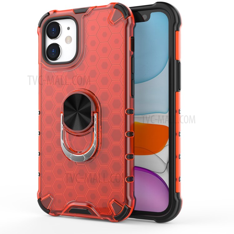 Finger Ring Kickstand Honeycomb Pattern TPU + PC Combo Case for iPhone 12 mini - Red-1