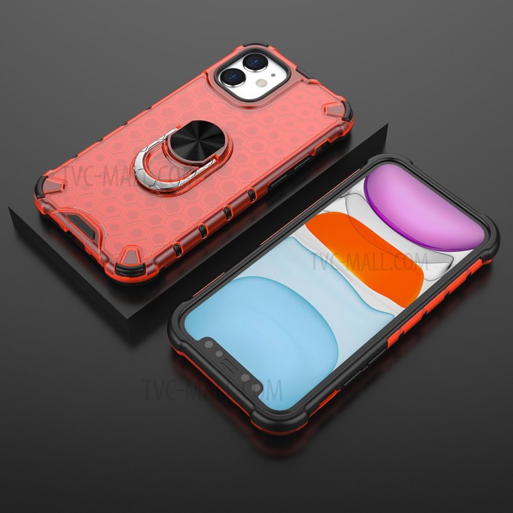 Finger Ring Kickstand Honeycomb Pattern TPU + PC Combo Case for iPhone 12 mini - Red-2