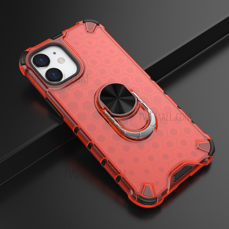 Finger Ring Kickstand Honeycomb Pattern TPU + PC Combo Case for iPhone 12 mini - Red-3