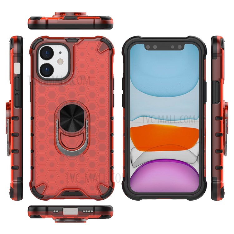 Finger Ring Kickstand Honeycomb Pattern TPU + PC Combo Case for iPhone 12 mini - Red-4