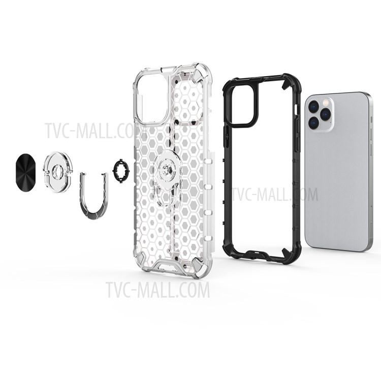 Finger Ring Kickstand Honeycomb Pattern TPU + PC Hybrid Shell for iPhone 12 Max / 12 Pro 6.1 inch - White-10