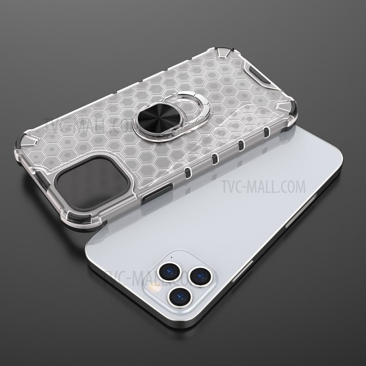 Finger Ring Kickstand Honeycomb Pattern TPU + PC Hybrid Shell for iPhone 12 Max / 12 Pro 6.1 inch - White-12