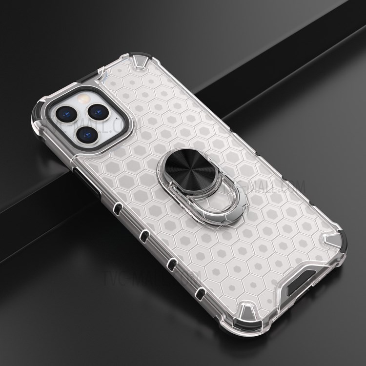 Finger Ring Kickstand Honeycomb Pattern TPU + PC Hybrid Shell for iPhone 12 Max / 12 Pro 6.1 inch - White-13