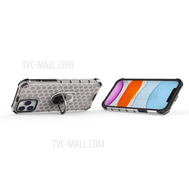 Finger Ring Kickstand Honeycomb Pattern TPU + PC Hybrid Shell for iPhone 12 Max / 12 Pro 6.1 inch - White-2