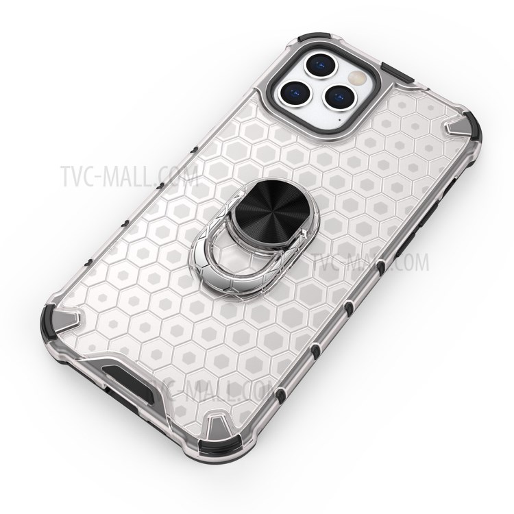 Finger Ring Kickstand Honeycomb Pattern TPU + PC Hybrid Shell for iPhone 12 Max / 12 Pro 6.1 inch - White-5