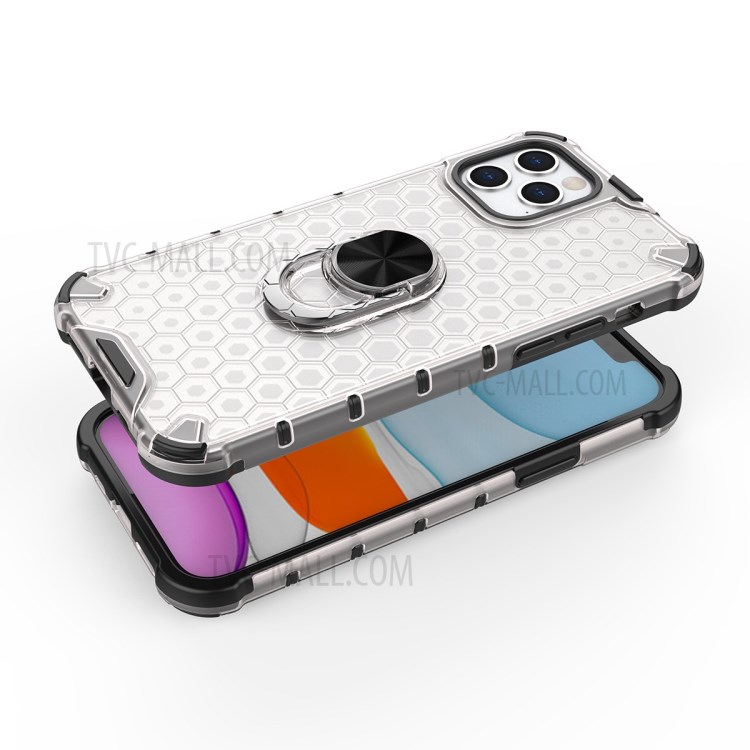 Finger Ring Kickstand Honeycomb Pattern TPU + PC Hybrid Shell for iPhone 12 Max / 12 Pro 6.1 inch - White-6