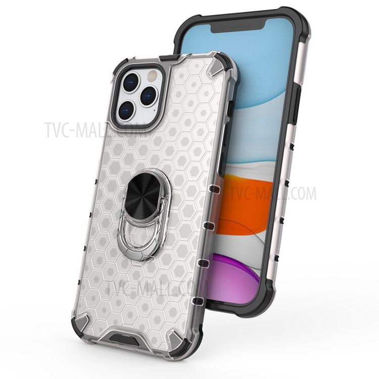 Finger Ring Kickstand Honeycomb Pattern TPU + PC Hybrid Shell for iPhone 12 Max / 12 Pro 6.1 inch - White-7