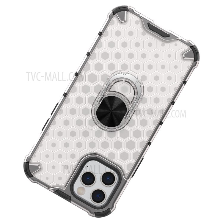 Finger Ring Kickstand Honeycomb Pattern TPU + PC Hybrid Shell for iPhone 12 Max / 12 Pro 6.1 inch - White-9