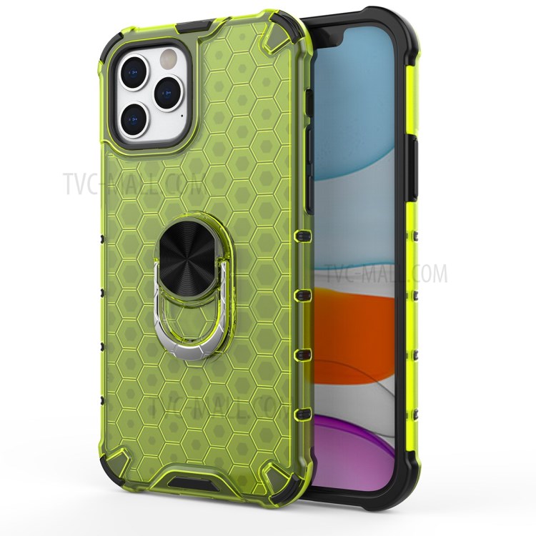 Finger Ring Kickstand Honeycomb Pattern TPU + PC Hybrid Shell for iPhone 12 Pro/12 - Green-1