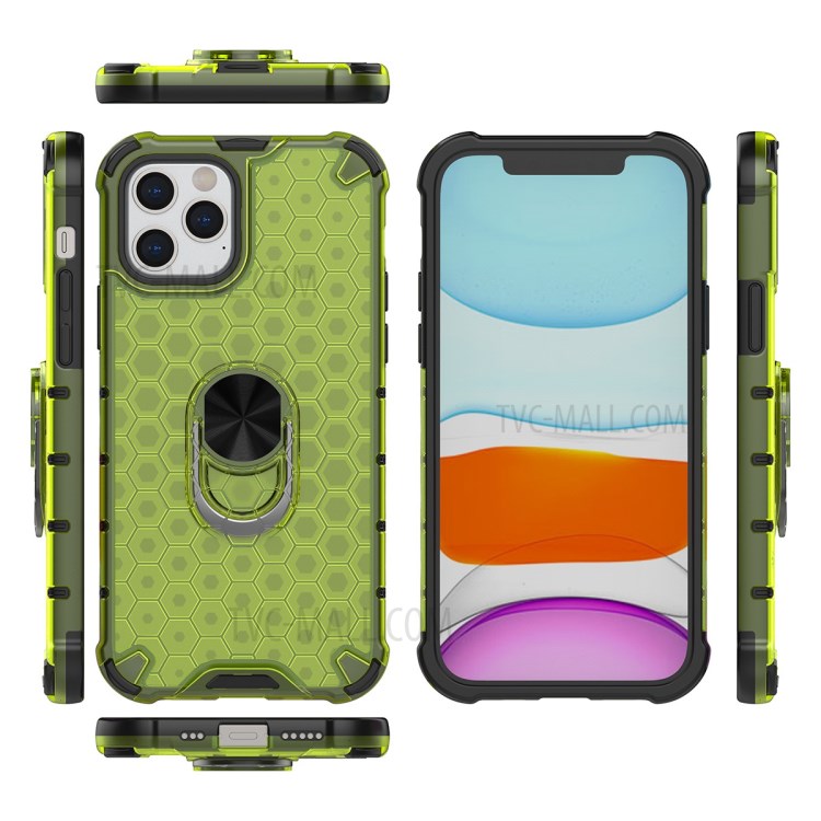 Finger Ring Kickstand Honeycomb Pattern TPU + PC Hybrid Shell for iPhone 12 Pro/12 - Green-2