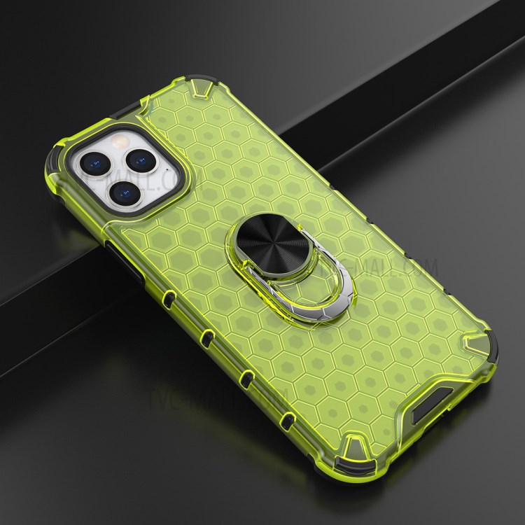 Finger Ring Kickstand Honeycomb Pattern TPU + PC Hybrid Shell for iPhone 12 Pro/12 - Green-3