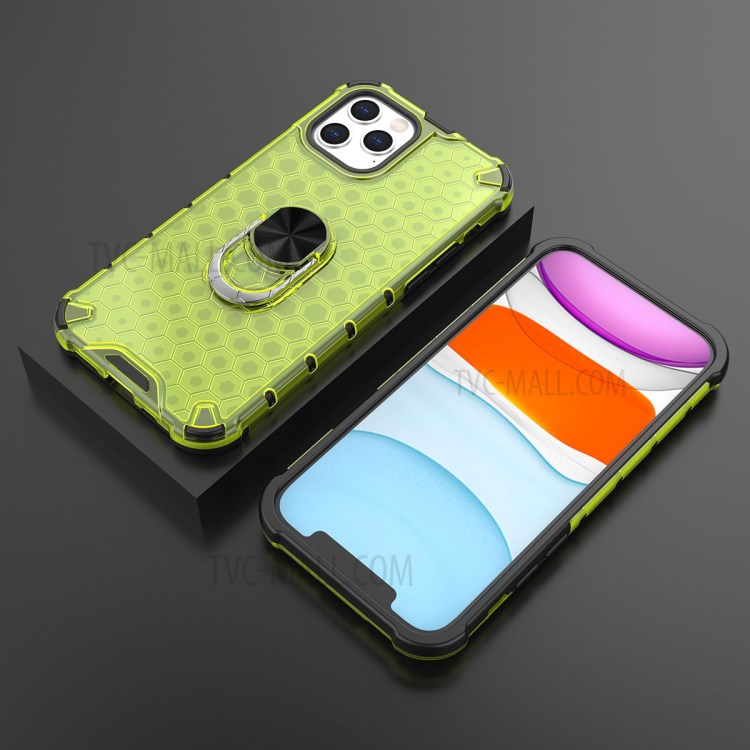 Finger Ring Kickstand Honeycomb Pattern TPU + PC Hybrid Shell for iPhone 12 Pro/12 - Green-4