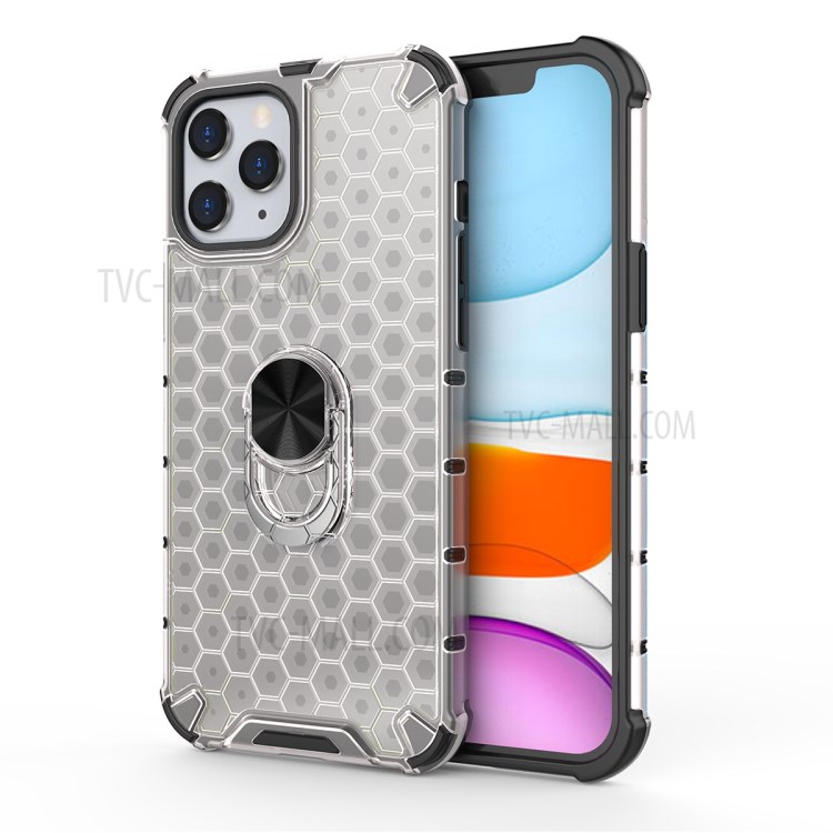 Honeycomb Pattern TPU + PC Hybrid Cover with Finger Ring Kickstand for iPhone 12 Pro Max 6.7 inch - White-1