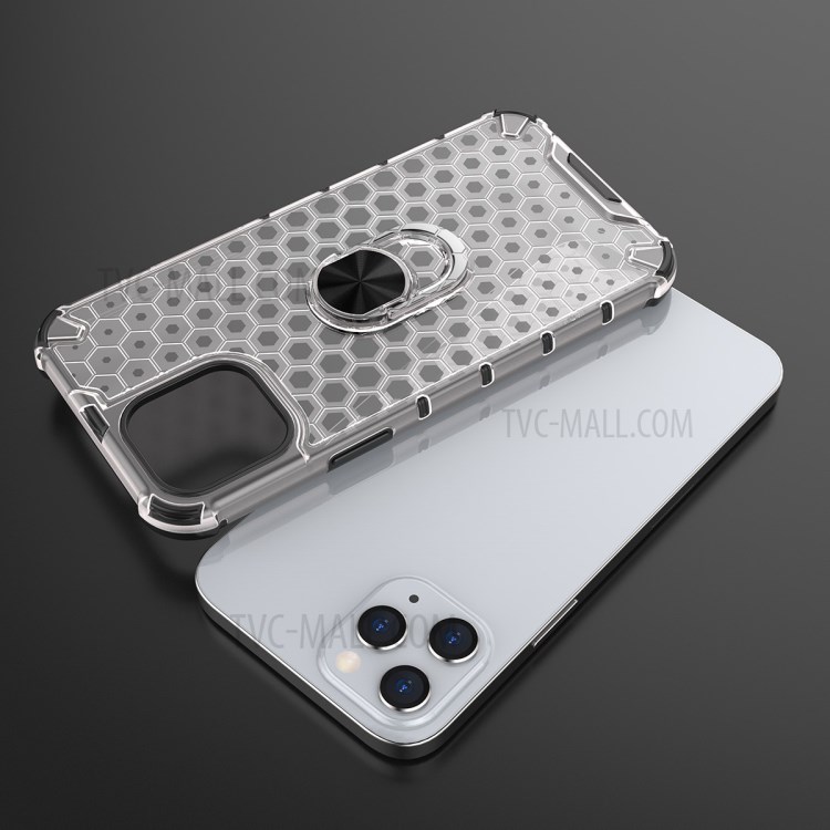 Honeycomb Pattern TPU + PC Hybrid Cover with Finger Ring Kickstand for iPhone 12 Pro Max 6.7 inch - White-12