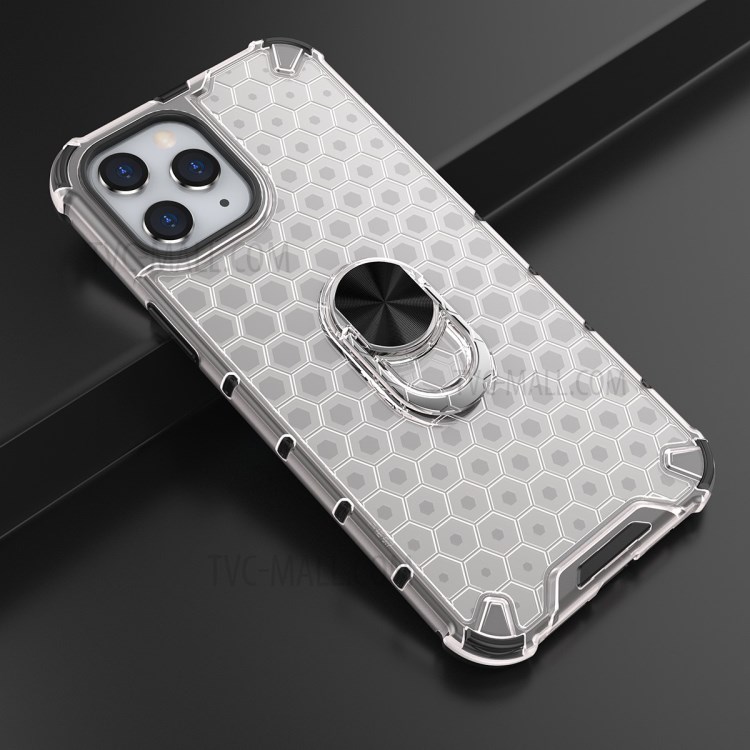 Honeycomb Pattern TPU + PC Hybrid Cover with Finger Ring Kickstand for iPhone 12 Pro Max 6.7 inch - White-13