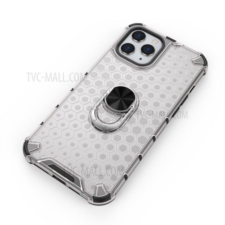 Honeycomb Pattern TPU + PC Hybrid Cover with Finger Ring Kickstand for iPhone 12 Pro Max 6.7 inch - White-2