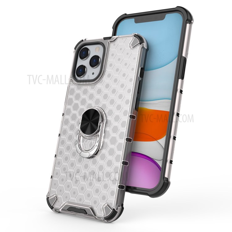 Honeycomb Pattern TPU + PC Hybrid Cover with Finger Ring Kickstand for iPhone 12 Pro Max 6.7 inch - White-4