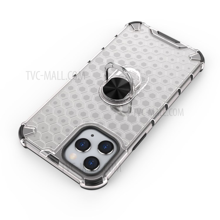 Honeycomb Pattern TPU + PC Hybrid Cover with Finger Ring Kickstand for iPhone 12 Pro Max 6.7 inch - White-5