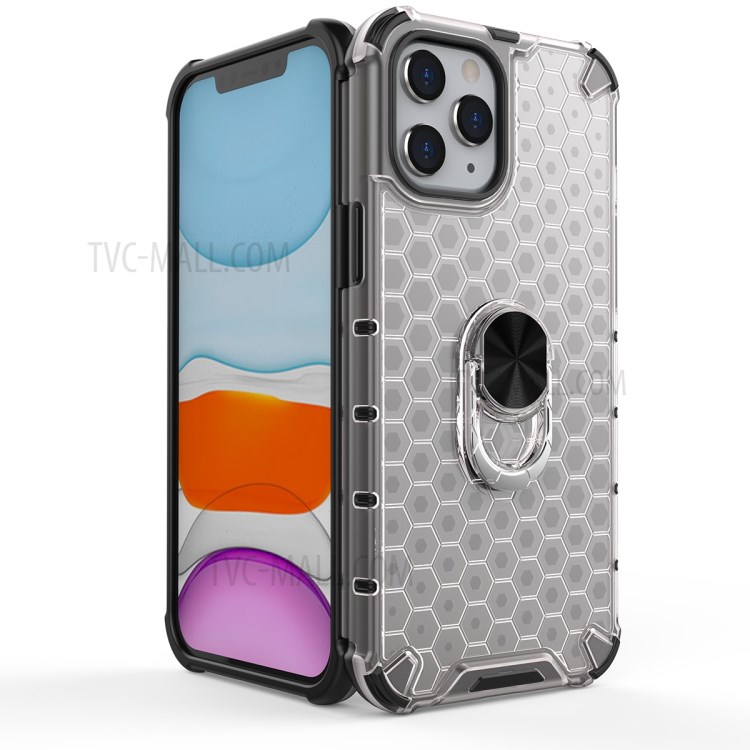 Honeycomb Pattern TPU + PC Hybrid Cover with Finger Ring Kickstand for iPhone 12 Pro Max 6.7 inch - White-6